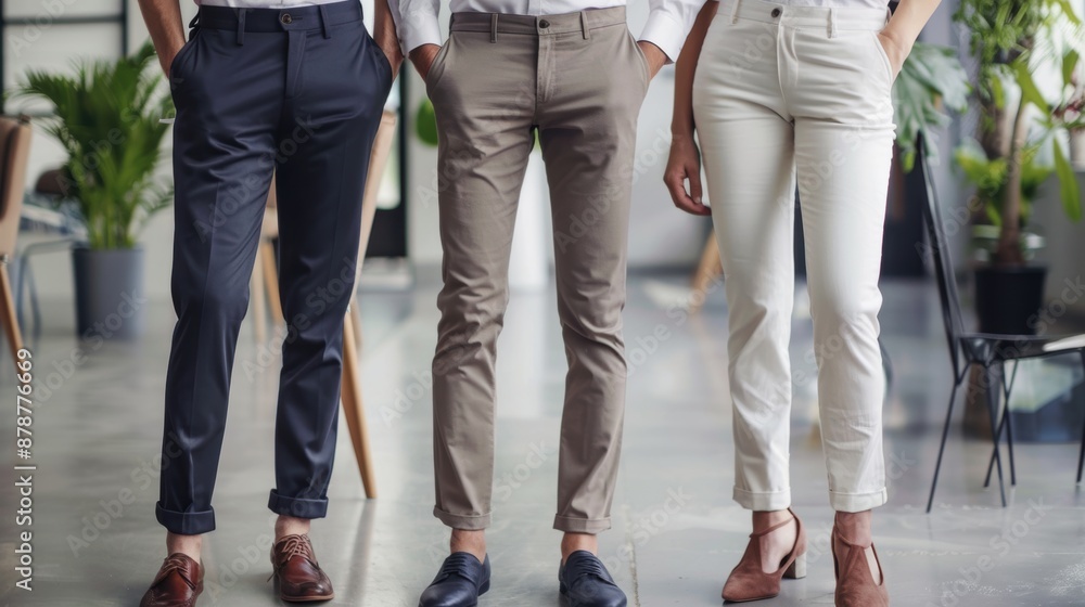 Three people standing in office setting wearing formal pants Three people standing in office setting wearing formal pants