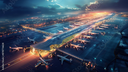The mesmerizing sunset at the international airport terminal illuminates the bustling scene of planes and runways, signifying the hub of global transit and travel under the evening light