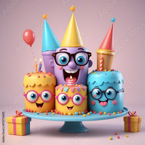 Funny colorful funny birthday cake with glasses. 3D cute characters celebrating birthday photo