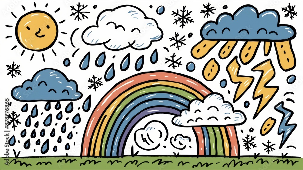 A drawing of a rainbow and clouds with rainbows, AI A drawing of a rainbow and clouds with rainbows, AI