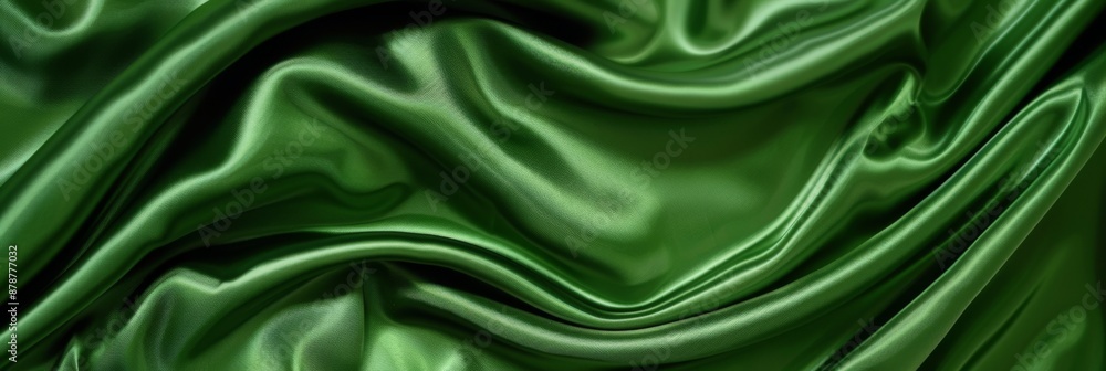Green drapery silk fabric background. Wavy satin cloth texture pattern. Smooth shiny drape material Green drapery silk fabric background. Wavy satin cloth texture pattern. Smooth shiny drape material