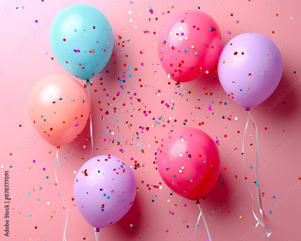 Pink background in a festive style with balloons and confetti scattered for a party, shown from above. Space for text. Pink background in a festive style with balloons and confetti scattered for a party, shown from above. Space for text.