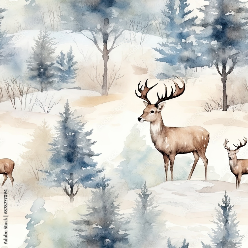 Seamless pattern with deer standing in winter forest. Beautiful nature landscape with wild animals. Christmas and New Year concept. Watercolor illustration for print, paper, textile, fabric, wallpaper Seamless pattern with deer standing in winter forest. Beautiful nature landscape with wild animals. Christmas and New Year concept. Watercolor illustration for print, paper, textile, fabric, wallpaper