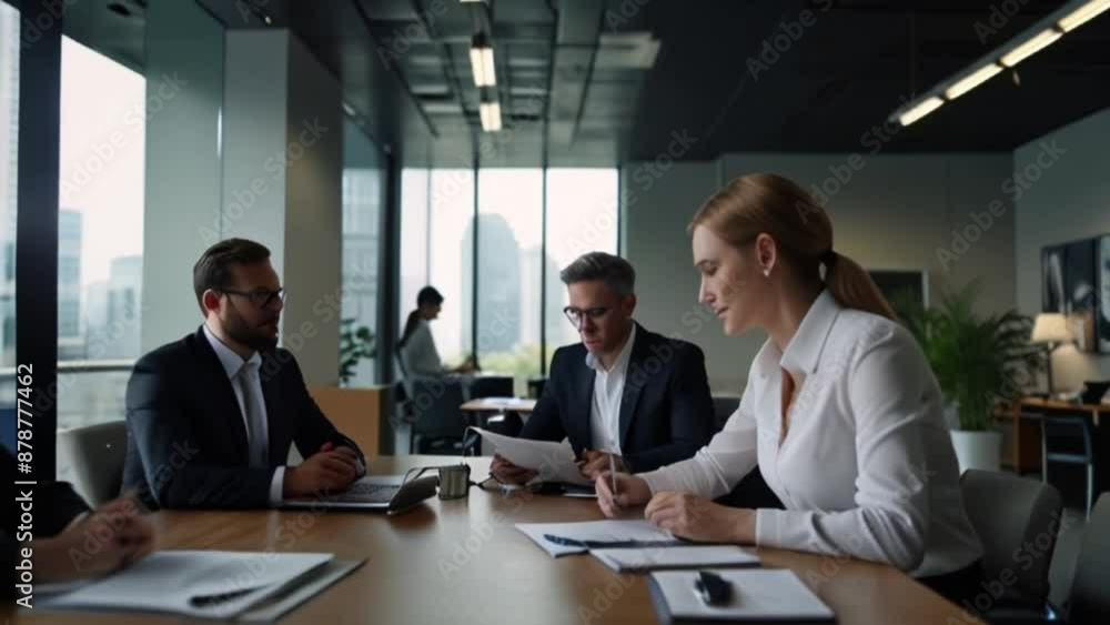 Business executives sitting at table and working in modern office 4k Business executives sitting at table and working in modern office 4k