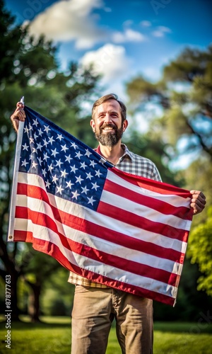 Midsection of the man holding USA American flag as a symbol of Independence Day or Veteran’s Day