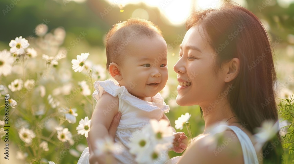 Mother and baby smiling together in field of white flowers during golden hour Mother and baby smiling together in field of white flowers during golden hour