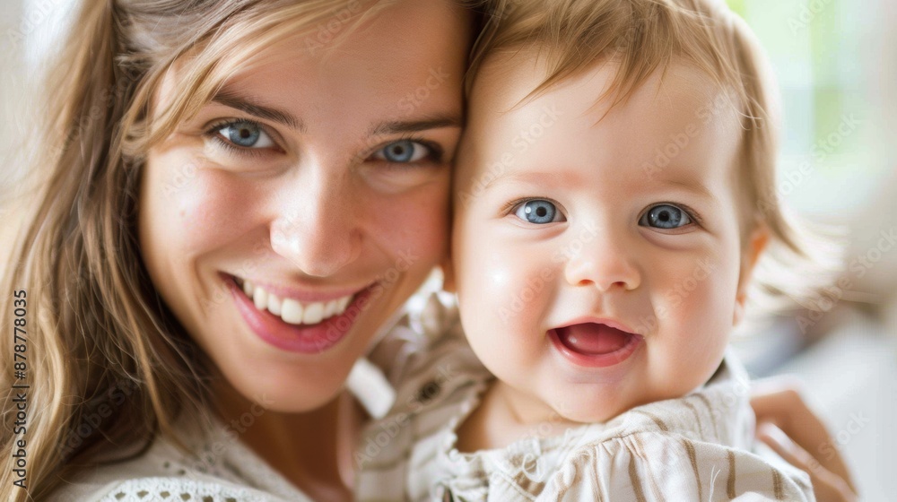 A smiling mother holding her baby daughter indoors A smiling mother holding her baby daughter indoors