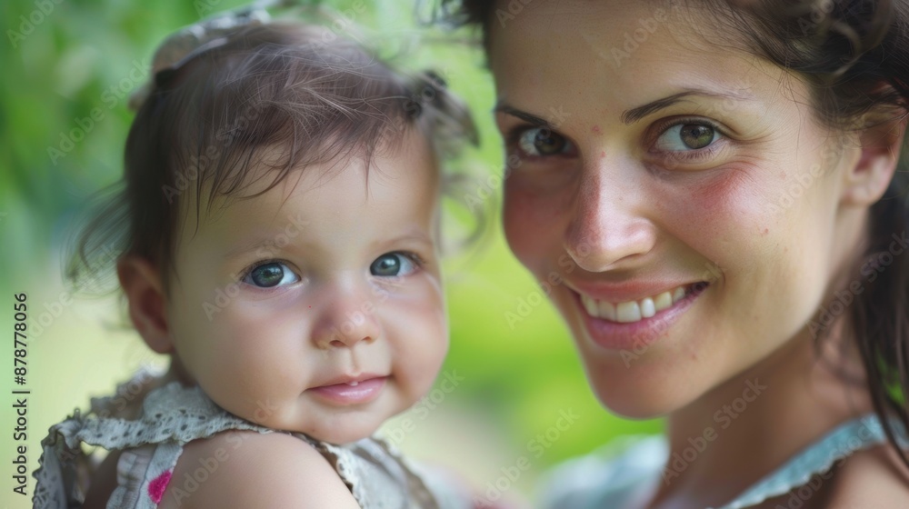 A young mother holding her infant daughter outdoors on a sunny day