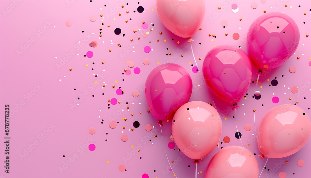 Pink festive background with scattered balloons and confetti for a celebration or party, top view, with text space. Pink festive background with scattered balloons and confetti for a celebration or party, top view, with text space.