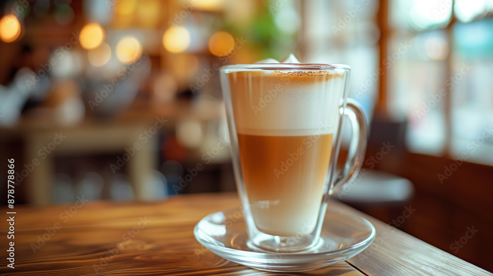 Glass of hot Latte macchiato coffee on the table at cafe . in the morning Glass of hot Latte macchiato coffee on the table at cafe . in the morning
