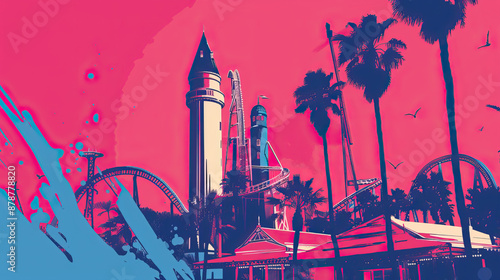 Risograph riso print travel poster, card, wallpaper or banner illustration, modern, isolated, clear and simple of Universal Studios Florida, Orlando, USA. Artistic, screen printing, retro, vintage photo