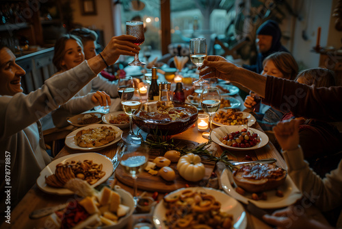 Thanksgiving Dinner with Family and Friends Toasting. Concepts of togetherness, celebration, and gratitude.