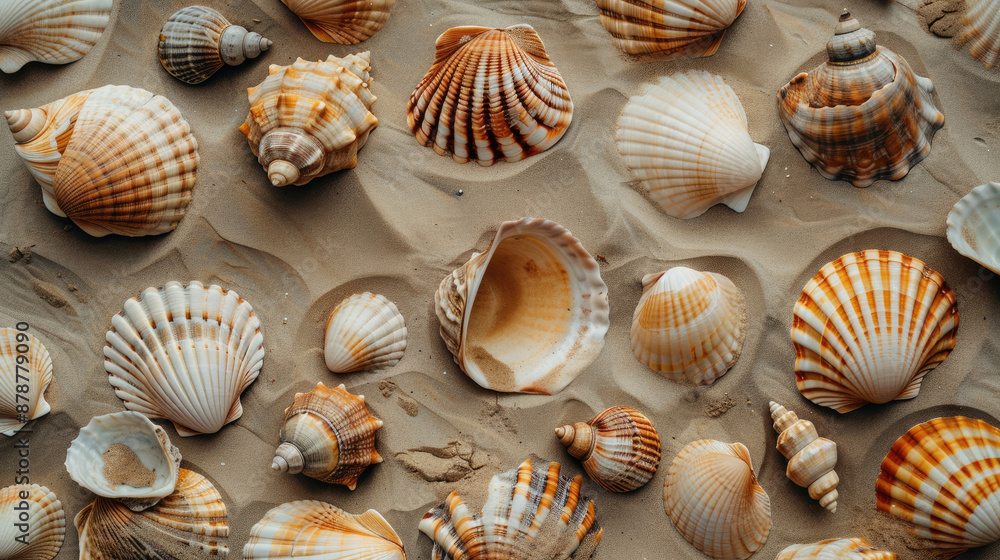 Diverse Seashells Arranged on Sandy Shore Diverse Seashells Arranged on Sandy Shore