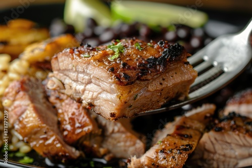 Closeup of marinated roast pork with Cuban sides. photo