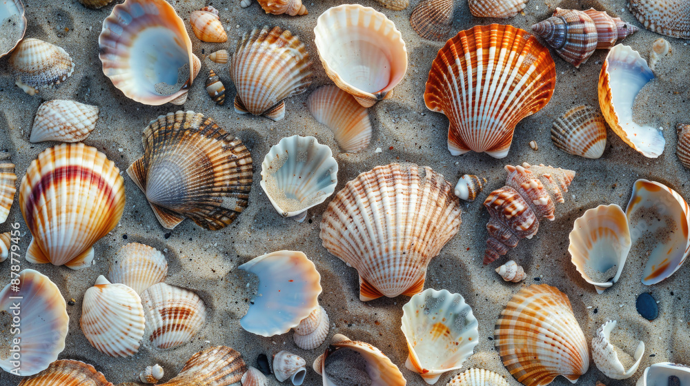 Diverse Seashells Arranged on Sandy Shore Diverse Seashells Arranged on Sandy Shore