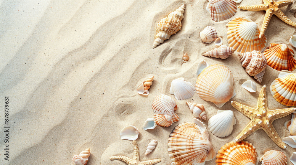 Diverse Seashells Arranged on Sandy Shore