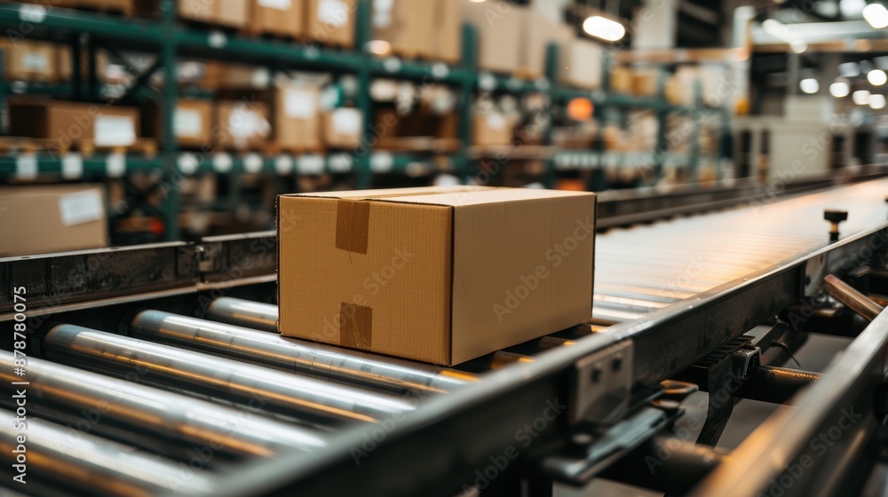 A single cardboard box moves along a conveyor belt in a warehouse A single cardboard box moves along a conveyor belt in a warehouse