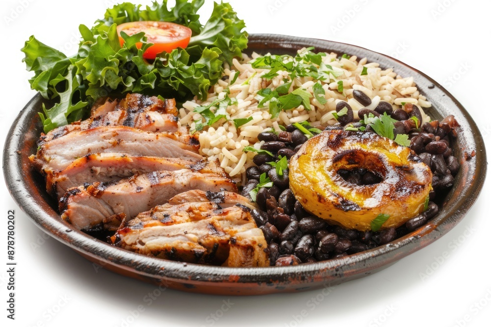 Cuban dinner with roast pork black beans rice plantains Cuban dinner with roast pork black beans rice plantains