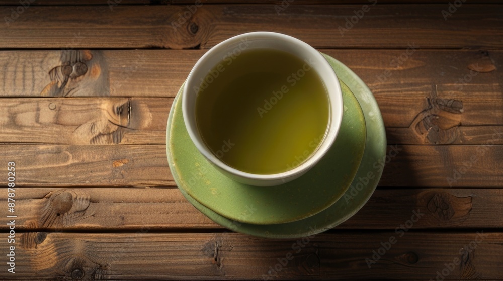 Flat lay Cup of green tea on a wooden background