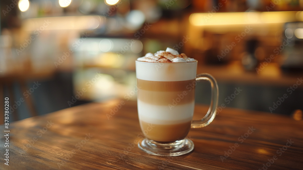 Glass of hot Latte macchiato coffee on the table at cafe . in the morning Glass of hot Latte macchiato coffee on the table at cafe . in the morning
