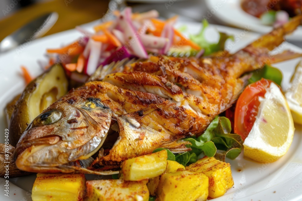Fried fish with plantains and salad