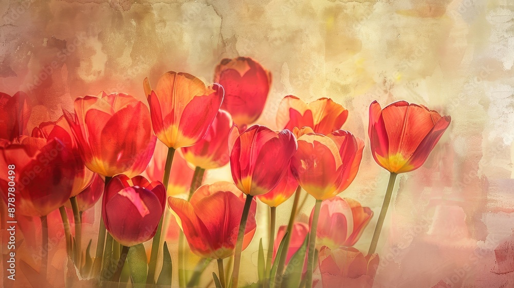Tulips in Red and Yellow with a Delicately Blurred Watercolor Backdrop Tulips in Red and Yellow with a Delicately Blurred Watercolor Backdrop