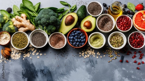 A collection of fresh fruits, vegetables, and nuts arranged on a dark background, showcasing their vibrant colors and textures