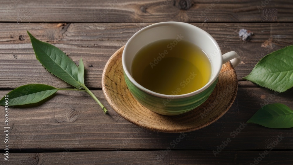 Flat lay Cup of green tea on a wooden background Flat lay Cup of green tea on a wooden background