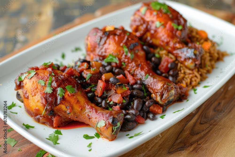 Traditional Cuban chicken drumsticks in black bean and tomato sauce served with brown rice. Traditional Cuban chicken drumsticks in black bean and tomato sauce served with brown rice.