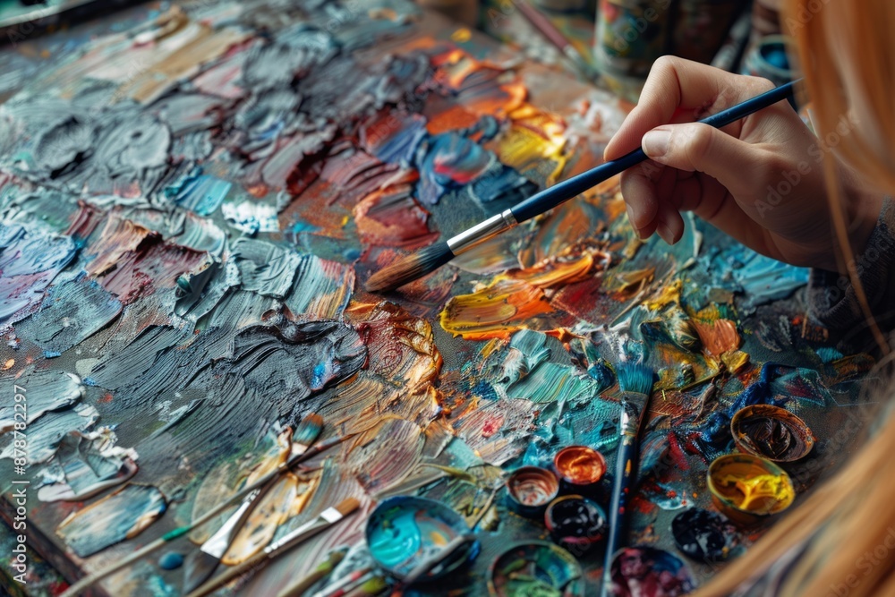 A hand mixes oil paints on a palette with a paintbrush, preparing for an artistic creation A hand mixes oil paints on a palette with a paintbrush, preparing for an artistic creation