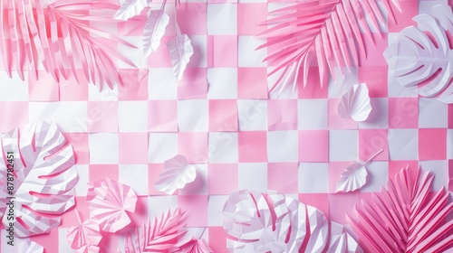 Pink checkered background with water texture and handcut paper tropical leaves in noon sunlight photo