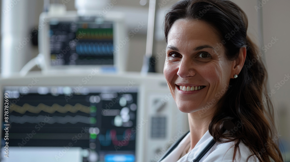 Cheerful Female Doctor Standing Before Medical Monitor in White Coat Cheerful Female Doctor Standing Before Medical Monitor in White Coat