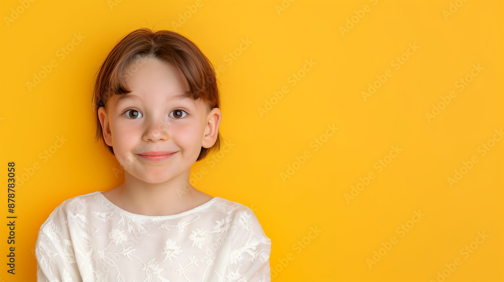 Charming Child Smiling Portrait on Yellow Background. Happy and Innocent Kids Photography Charming Child Smiling Portrait on Yellow Background. Happy and Innocent Kids Photography