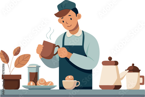 Barista pouring coffee in a cozy cafe setting with plants and pastries on the counter