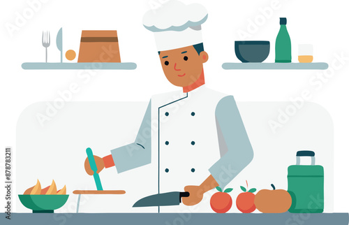 Chef preparing food in kitchen with fresh ingredients and kitchenware