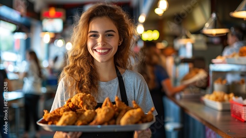 A_cheerful_young_woman_holding_a_tray_of_assorted_fried_chicken