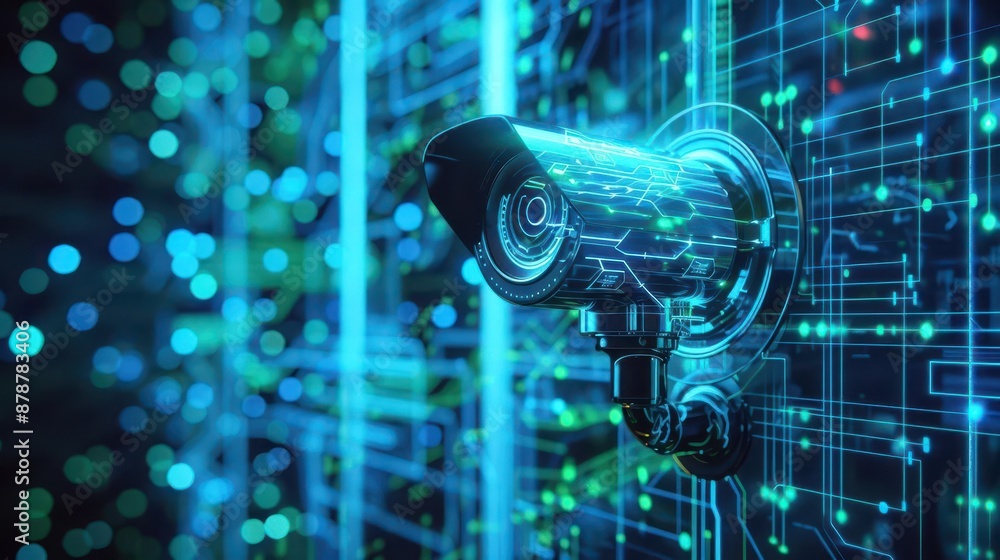 futuristic surveillance camera with glowing circuit patterns sleek design blends organic and technological elements in cool blue and green hues futuristic surveillance camera with glowing circuit patterns sleek design blends organic and technological elements in cool blue and green hues