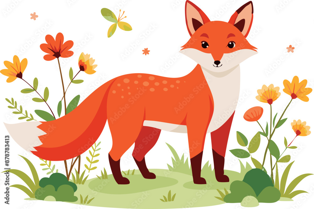 Illustration of a cute fox standing in a colorful floral meadow Illustration of a cute fox standing in a colorful floral meadow