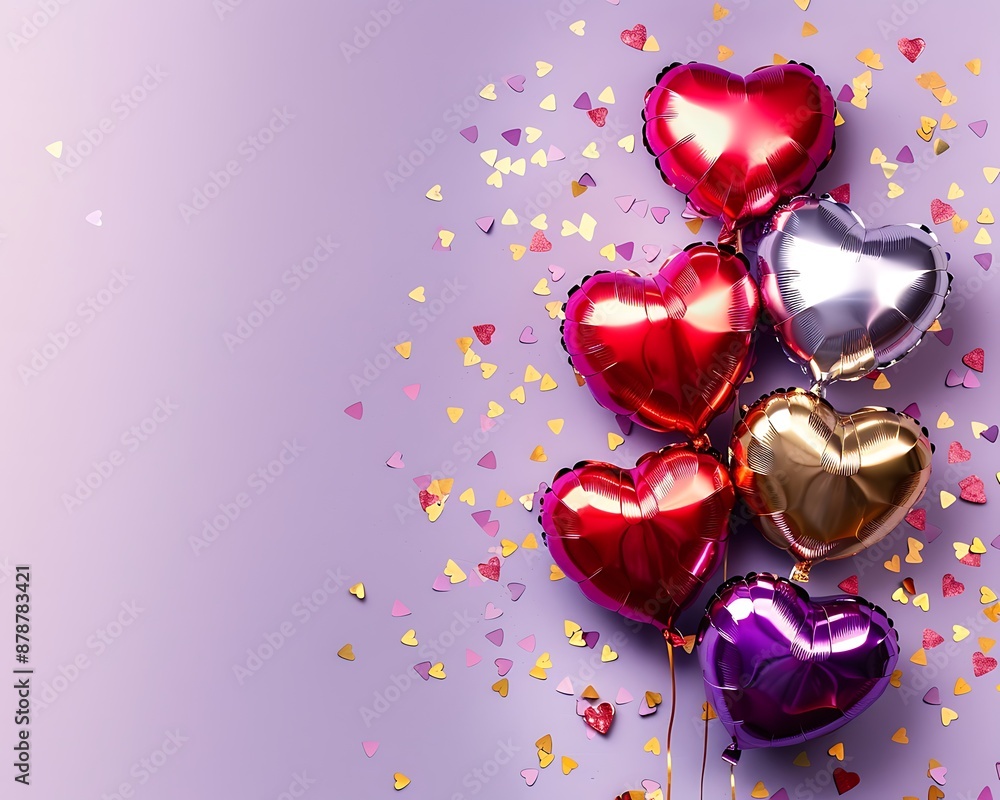 Top view banner on a purple background with heart-shaped foil balloons and golden confetti, space for text. Top view banner on a purple background with heart-shaped foil balloons and golden confetti, space for text.