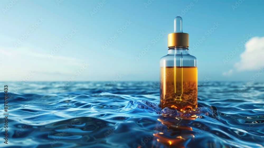 Serum bottle with dropper on blue ocean like background Serum bottle with dropper on blue ocean like background