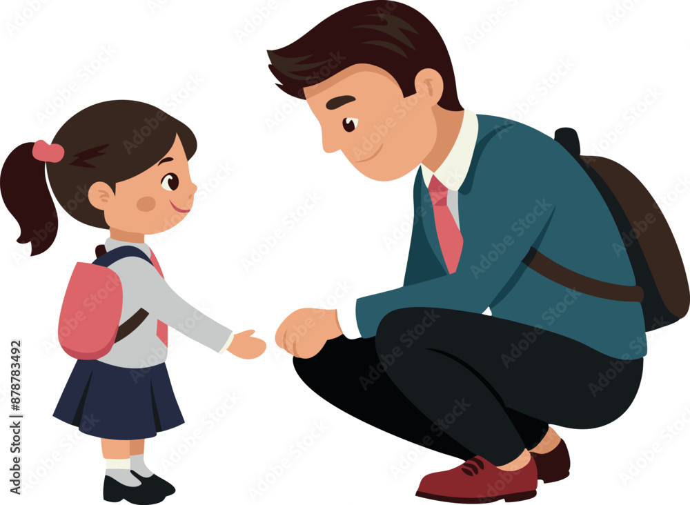 Fototapeta premium Father encouraging daughter on first day of school in a sweet bonding moment