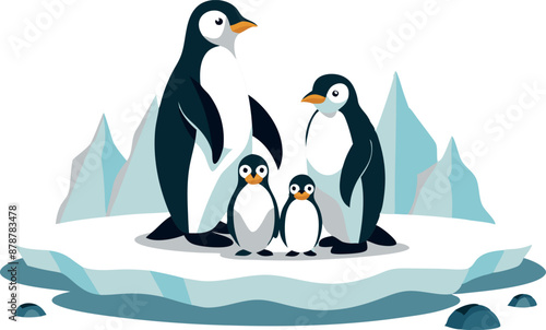 Illustration of a penguin family on an ice floe in antarctica with mountainous background