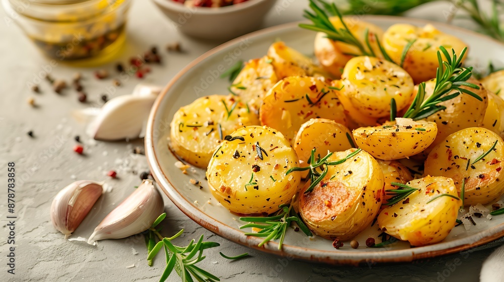 Potatoes au poivre topped with a plate of rosemary and garlic on a table very detailed and realistic shape