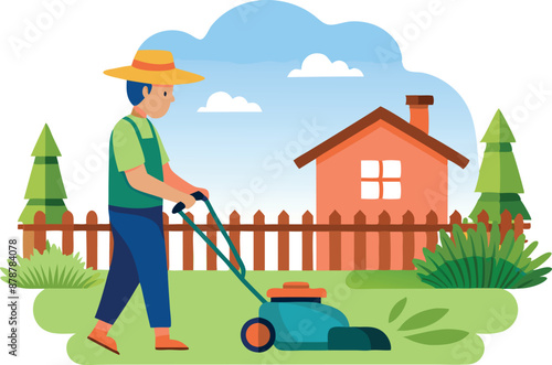 Man mowing lawn in front yard of house with fence and trees in flat design