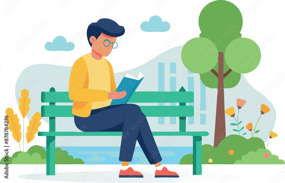 Man reading book on park bench in serene outdoor setting, surrounded by nature Man reading book on park bench in serene outdoor setting, surrounded by nature
