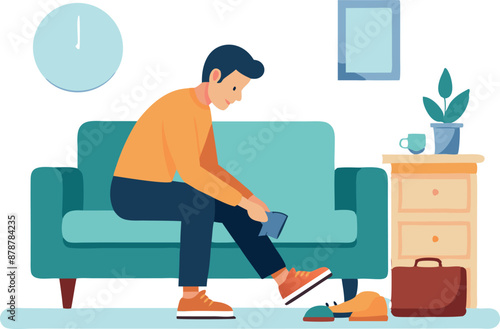 Man getting ready for work at home, putting on shoes sitting on a sofa, morning routine illustration
