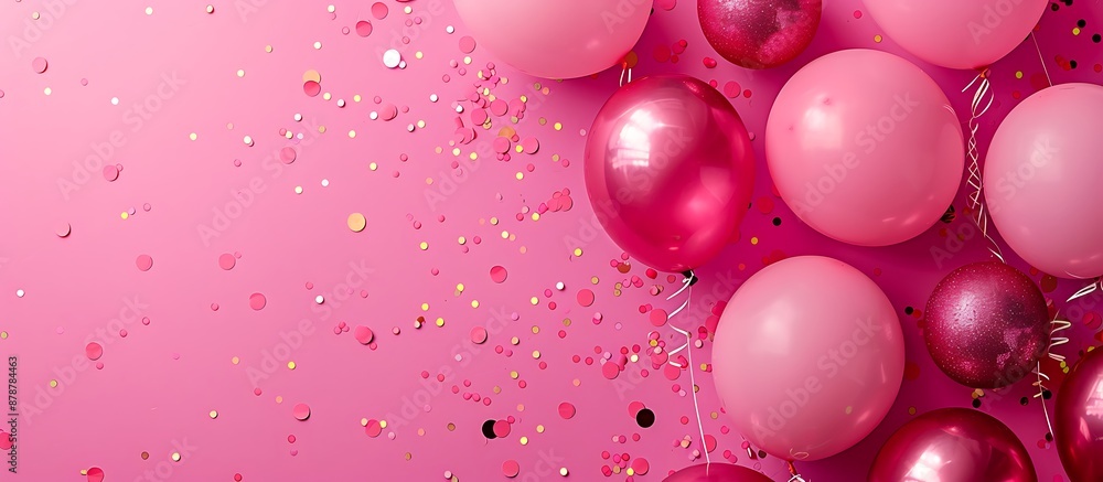 Top view of a festive pink background with scattered balloons and confetti, ideal for celebrations or parties. Space for text. Top view of a festive pink background with scattered balloons and confetti, ideal for celebrations or parties. Space for text.
