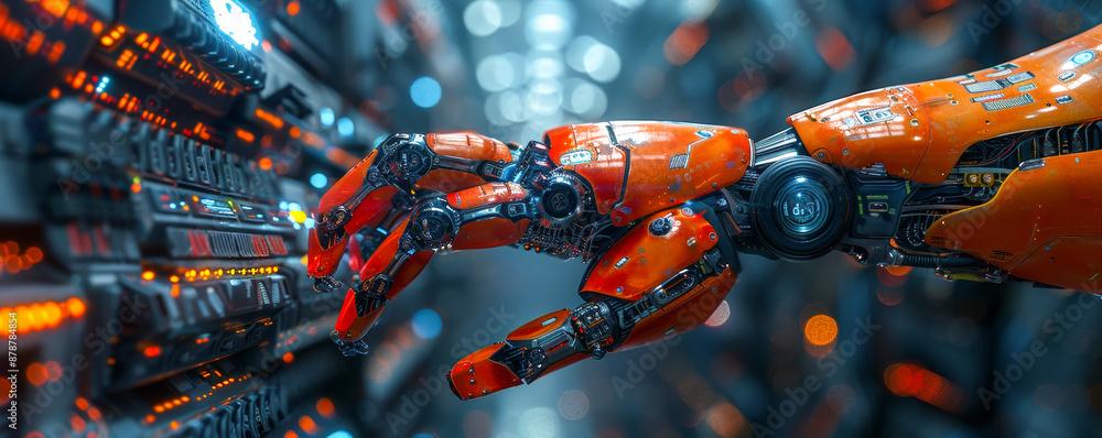 Fototapeta premium Robotic Hand Connecting Big Data Networks - AI, Machine Learning, Innovative Sci-Fi Tech Future