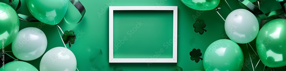Top view of a green background with balloons and a white square frame for St Patrick's Day celebration, flat lay style. Background with space for text or design elements. Top view of a green background with balloons and a white square frame for St Patrick's Day celebration, flat lay style. Background with space for text or design elements.