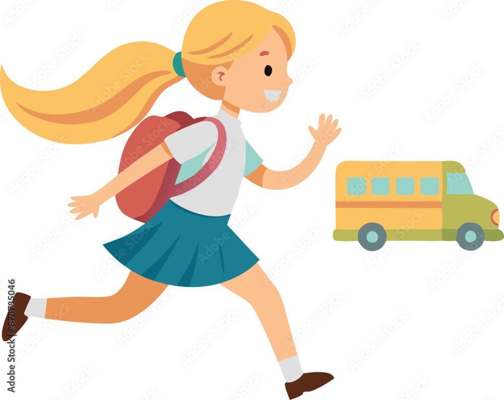 Cheerful young schoolgirl running with backpack towards a school bus Cheerful young schoolgirl running with backpack towards a school bus